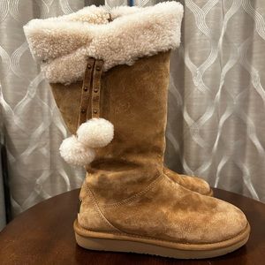 Women’s Ugg Tall Chestnut Brown Plumdale Cuff Pom Pom Zip Boots